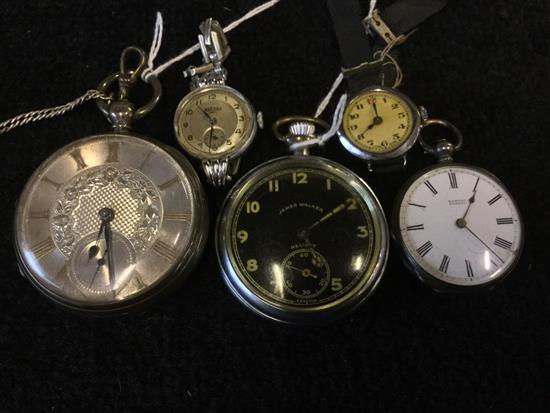 Silver open face pocket watch, engraved floral dial, 2 other pocket watches, 2 wristwatches & sundries